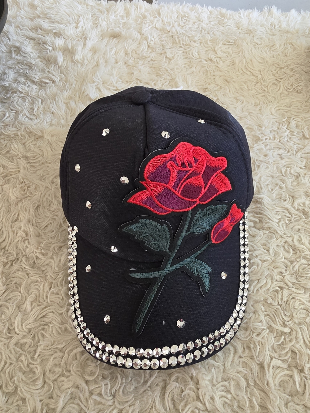 Black Cap with Red Rose Embroidery and Crystal Trim